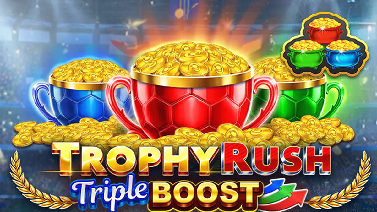 Tampilan antarmuka slot Trophy Rush Triple Boost dengan elemen koin emas dan latar belakang stadion.