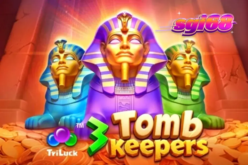Tampilan visual slot 3 Tomb Keepers dengan latar belakang makam Mesir Kuno dan patung Firaun bercahaya